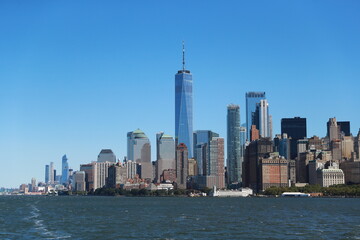 Obraz na płótnie Canvas A view of One World Trade Center and lower Manhattan are seen on board the Staten Island Ferry.