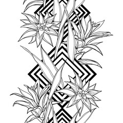 Vertical seamless pattern with outline tropical Guzmania and leaf in black on the white background.