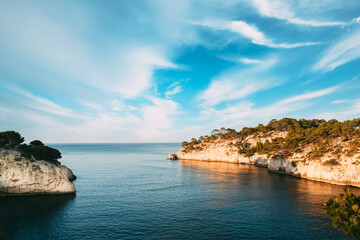 Fototapeta na wymiar Cassis, Calanques, France. French Riviera. Beautiful Nature Of Cote De Azur On The Azure Coast Of France. Calanques - A Deep Bay Surrounded By High Cliffs. Elevated View