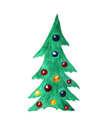 Watercolor green decorated christmas tree isolated on white.