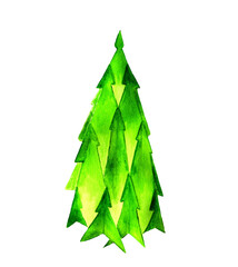 Obraz premium Bright green christmas tree isolated on white. Symbol of Happy New year and Merry Christmas celebration. Watercolor sketch.
