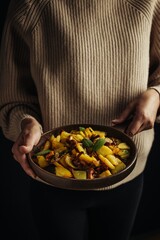 Fried potatoes with chanterelle mushrooms.