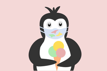 Cute penguin with ice cream and medical mask