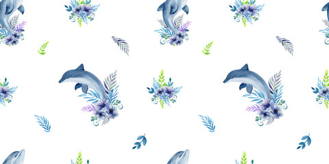 watercolor set pattern raccoon and dolphin friendship