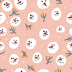 Snowmen christmas vector seamless pattern. Festive hand drawn illustration of cute cartoon snowmen faces.