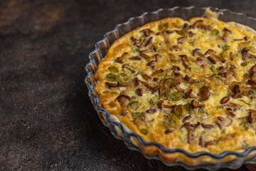 Mushroom quiche with chanterelle mushrooms. Tart with chanterelles