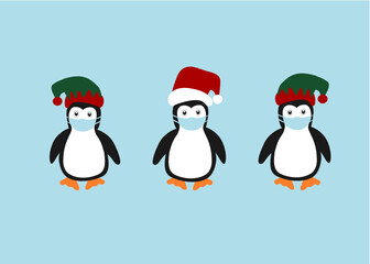 Cute penguins with Santa Claus hat and medical mask in the winter