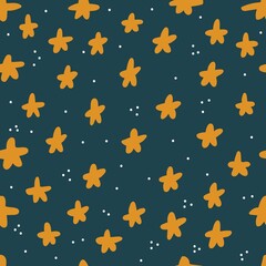 Hand drawn stars vintage seamless pattern vector. Cute cartoon illustration of twinkling stars on dark background for season holidays.