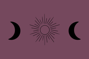 Bohemian hand drawn sun and moon. Tattoo design.Vector illustration. Alchemy symbol.