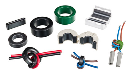 Ferrite bead inductors group isolated on white background. Set of electromagnetic interference filters. High-frequency noise suppression devices. Various magnetic cores snap-on or with wrapped cables.