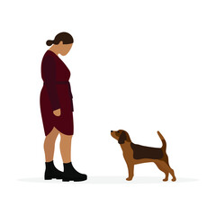 Female character stands and looks at the dog on a white background