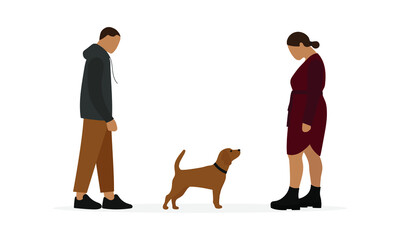 Female character and male character look at a dog on a white background