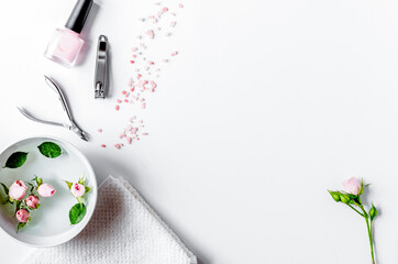 salt and cream for nail care in spa top view