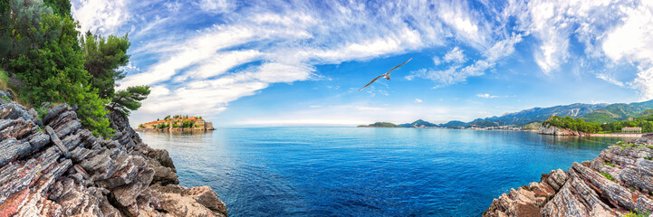 Sveti Stefan island, wonderful view from the rock, Budva, Montenegro - obrazy, fototapety, plakaty