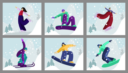 Set posters design dedicated to winter sports. Image of a young man in motion on a snowboard against the background of mountains and Christmas trees. Perfect for printing banners, business cards, 