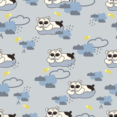 Seamless background with cute panda on a cloud. Decorative cute wallpaper for the nursery in the Scandinavian style. Suitable for children's clothing, interior design, packaging, printing.