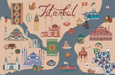 Turkey Istanbul architecture and culture objects  vector hand drawn illustrations map