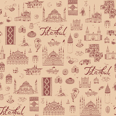 Turkey Istanbul architecture and culture objects seamless vector hand drawn line pattern
