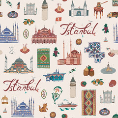 Turkey Istanbul architecture and culture objects seamless vector hand drawn pattern
