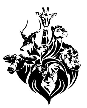 recommend clip art: african wildlife black and white vector concept portrait - lion, antelope, buffalo, giraffe, camel and gorilla head outlines