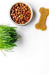 dry dog food in bowl on white background top view