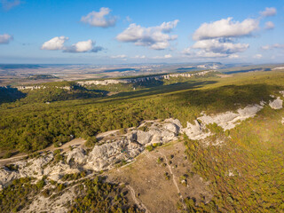 Aerial view to beautiful mountain landscape near the cave city Eski-Kermen, Crimea