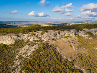 Fototapeta na wymiar Aerial view to beautiful mountain landscape near the cave city Eski-Kermen, Crimea