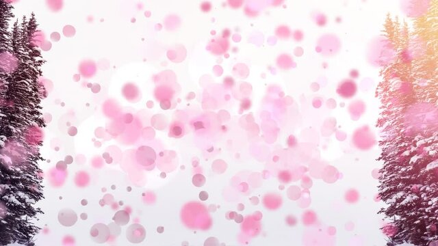 Digital composition of pink spots of light moving against snow landscape with trees