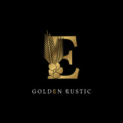 luxurious letter E with flower and palm leaves golden rustic vintage brand for royal company, event or personal identity, salon, spa, fashion, beauty care. silver color in dummy text