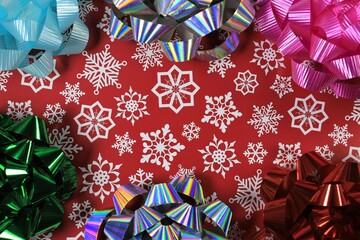 christmas snowflake bows red background
