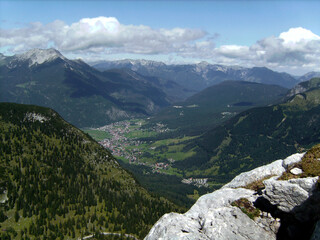 Fototapeta na wymiar Via ferrata at high mountain lake Seebensee, Tajakopf mountain, Tyrol, Austria
