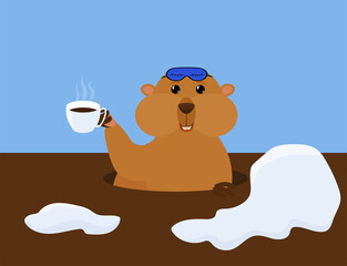 Groundhog Day vector cartoon illustration with cute marmot in sleep mask and cup of coffee. Traditional holiday character