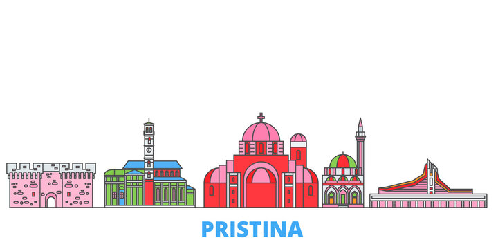 Kosovo, Pristina cityscape line vector. Travel flat city landmark, oultine illustration, line world icons