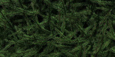 Background of Christmas tree branches. Happy New Year green theme background. 3d rendering.