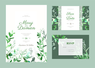 Wedding invitation kit decorated with hand painted green botanicals