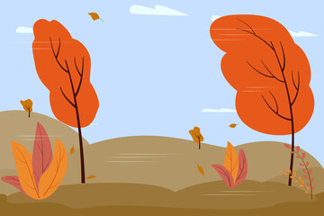 Autumn landscape - strong wind, leaves falling, trees bending, yellow and orange colors. Background for illustrations on the theme of autumn, sadness, bad weather. Vector in a flat style.