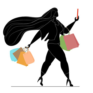 recommend clip art: Black silhouette of a beautiful woman with purchases. Body positive, active lifestyle. Successful fat girl. Isolated on white vector in a flat style.