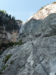 Via ferrata at high mountain lake Seebensee, Zugspitze mountain, Tyrol, Austria