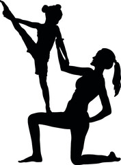 Isolated Silhouette, woman with child, yoga exercise, body posture