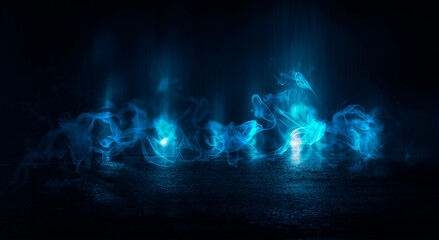 Dark street, neon light, smoke. Abstract dark background with neon glow, Wet asphalt, reflection on the water. Neon Rays and Lines.