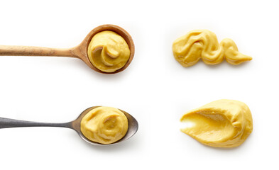 Set of mustard in spoons isolated on white background top view - obrazy, fototapety, plakaty