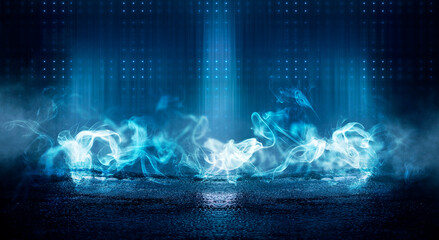 Obraz premium Dark street, neon light, smoke. Abstract dark background with neon glow, Wet asphalt, reflection on the water. Neon Rays and Lines.