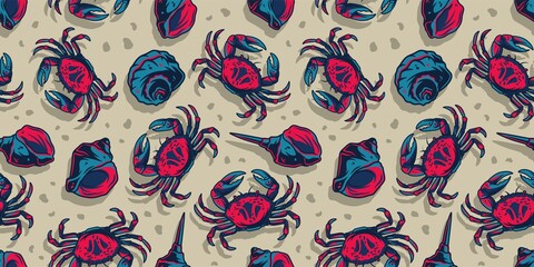 Colored seamless pattern wallpaper with seashell mollusk and crab. Underwater animals, wild ocean life for marine design
