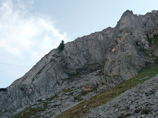 Via ferrata at high mountain lake Seebensee, Zugspitze mountain, Tyrol, Austria