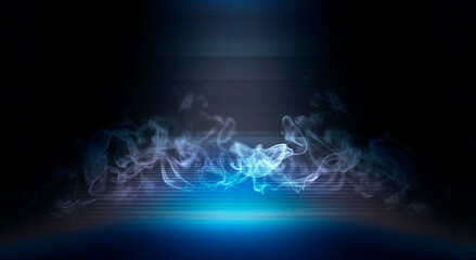 Dark street, neon light, smoke. Abstract dark background with neon glow, Wet asphalt, reflection on the water. Neon Rays and Lines.