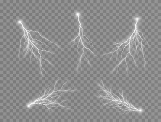 Set of Lightnings. Symbol of natural strength or magic, abstract, electricity and explosion. The effect of zippers and lighting, thunderstorm and lightning.