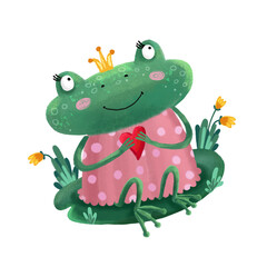 Illustration of a cute frog in a dress with a heart. For printing on fabric, postcards, posters