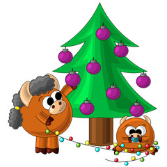 Obraz premium Cute cartoon baby bull, Christmas tree and garland
