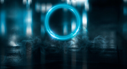 Fototapeta premium Neon circle. Dark street, neon light, smoke. Abstract dark background with neon glow, Wet asphalt, reflection on the water. Neon Rays and Lines.