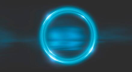 Neon circle. Dark street, neon light, smoke. Abstract dark background with neon glow, Wet asphalt, reflection on the water. Neon Rays and Lines.
